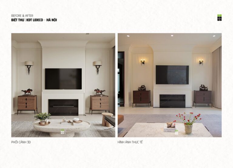 Vách tivi phòng khách Huy-Haus: so sánh 3D và thực tế