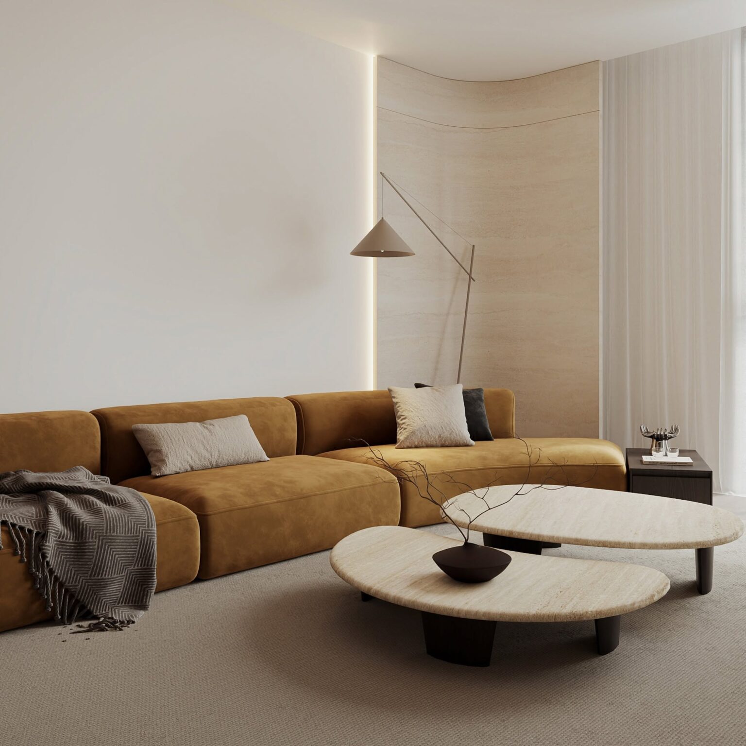 Phòng khách nhà phố Regen-Haus với sofa vàng mù tạt và bàn trà đá
