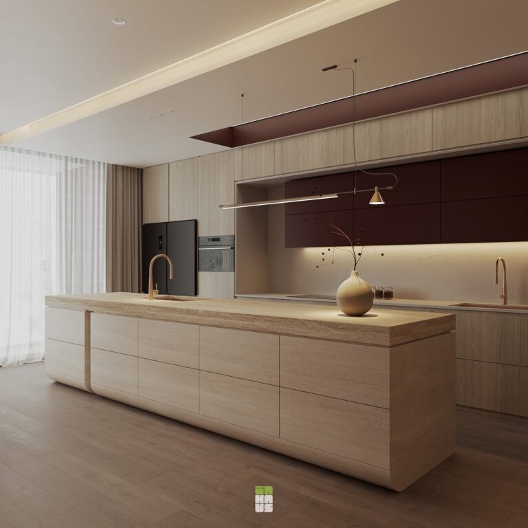 Đảo bếp ốp gỗ sáng và tủ trên màu đỏ rượu vang