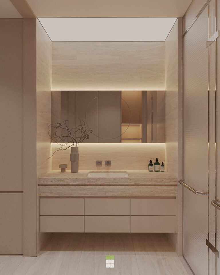 Khu lavabo với gương đèn hắt sáng