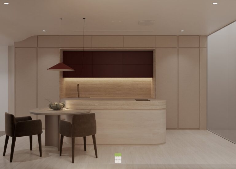 Quầy pantry tông be với đèn thả màu đỏ